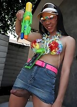 In this bareback hardcore scene, ladyboy Spoy sucks POV guy's hard cock and gets her tight hole fucked and creampied